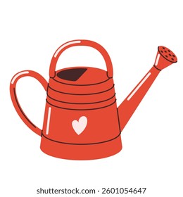 Red garden watering can with a heart for growing plants. Garden sprinkler. Vector illustration in a flat style, isolated on a white background