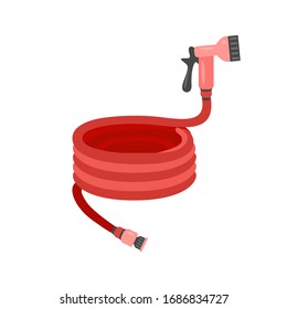 Red garden watering hose isolated on white. Vector flat illustration, icon. 