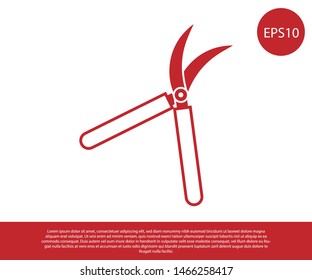 Red Gardening handmade scissors for trimming icon isolated on white background. Pruning shears with wooden handles.  Vector Illustration