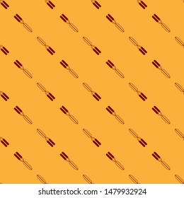 Red Gardening handmade scissors for trimming icon isolated seamless pattern on brown background. Pruning shears with wooden handles.  Vector Illustration
