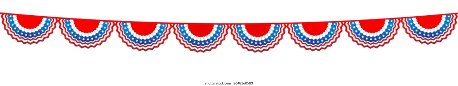 Red garland is a symbol decoration for USA holidays. The colors of the national flag of the United States of America. July fourth holiday stars. Independence day card. Holiday template for design