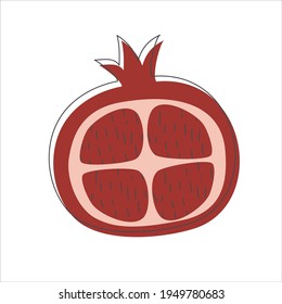 Red garnet with the grains inside is cut. Vegetarian organic natural food. Fashionable modern flat colorful collection. Vector illustration in a flat linear style. Juicy pomegranate fruit