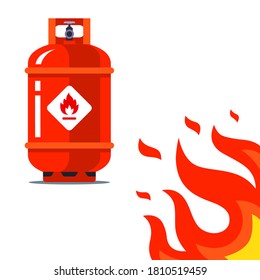 red gas cylinder dangerously close to fire. flammable substance. flat vector illustration isolated on white background.