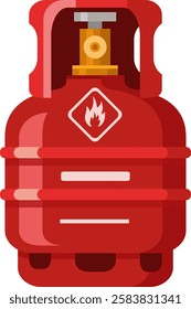 Red gas cylinder featuring a flammable warning sign and closed valve, representing energy and safety hazards in gas storage and industrial applications