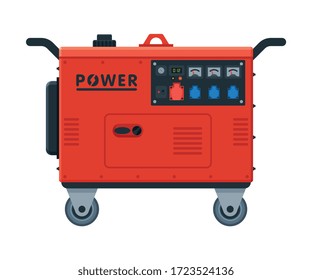 Red Gasoline Portable Power Generator on Wheels, Diesel Electrical Engine Equipment Vector Illustration
