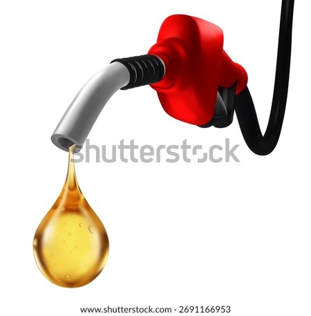 Red gasoline pump nozzle with dripping golden oil drop representing fuel or energy Realistic clean isolated background, oil company economy Realistic oil drop