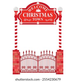 The red gate with the sign Welcome to the Christmas town. Christmas entrance gate with brick columns and wrought-iron doors.  Illustrated vector clipart.