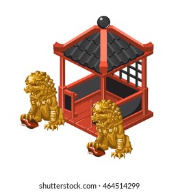 Red gazebo in Oriental style with two Golden lion statues. Vector illustration.
