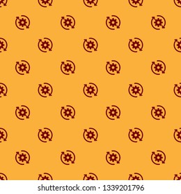Red Gear and arrows as workflow concept icon isolated seamless pattern on brown background. Gear reload sign. Flat design. Vector Illustration