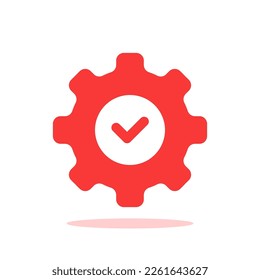 equipo rojo con marca de verificación como producto eficiente. tendencia simple plana flujo de trabajo de eficiencia moderna logotipo diseño gráfico elemento web aislado en blanco. signo de mejora o control de trabajo del proyecto