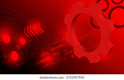 Piñón de engranaje rojo con líneas de circuito ciberespacio electrónico futurista con luz de brillo de neón Fondo abstracto de alta tecnología