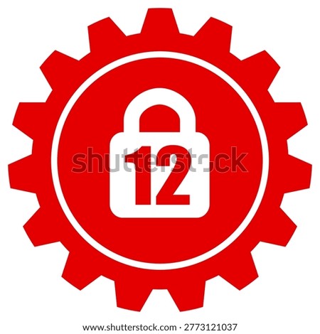 A red gear icon featuring a central padlock symbol with the number 12 inside, indicating an age restriction or security setting. The design is clean, bold, and isolated on a black background, suitable for UI elements or media ratings.