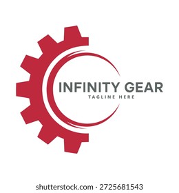 Red gear icon with infinity symbol and sample text for company logo design