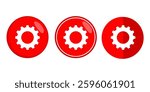 Red gear icons with white cogwheel symbol, settings. Three variations, including one with drop shadow. Simple, flat design for websites, applications, settings, mechanics, and engineering designs.