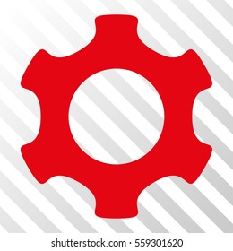 Red Gear toolbar pictogram. Vector pictograph style is a flat symbol on diagonally hatched transparent background.