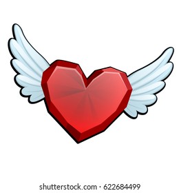 Red gem in the shape of a heart with wings isolated on white background. Vector cartoon close-up illustration.
