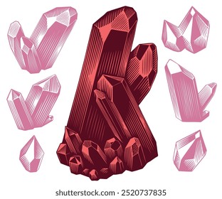 Rote Edelsteinkristalle. Design-Set. Bearbeitbare handgezeichnete Illustration. Vektor Vintage Gravur. Einzeln auf weißem Hintergrund. 8 EPS