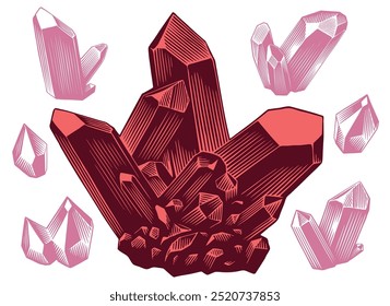 Cristales de piedras preciosas rojas. Conjunto de diseño. Ilustración dibujada a mano editable. Grabado vintage de Vector. Aislado sobre fondo blanco. 8 EPS