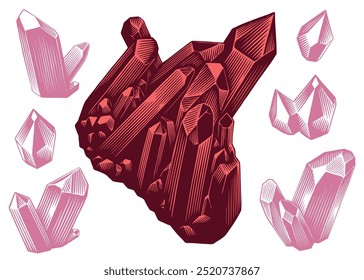 Red gemstone crystals. Design set. Editable hand drawn illustration. Vector vintage engraving. Isolated on white background. 8 EPS