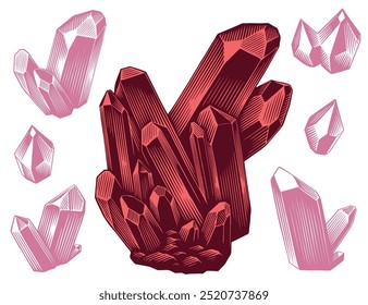 Cristais de pedra preciosa vermelha. Conjunto de design. Ilustração desenhada à mão editável. Gravura vetor vintage. Isolado no fundo branco. 8 EPS