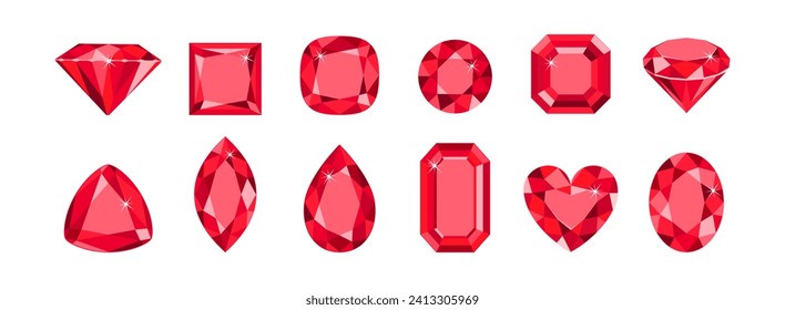 Red gemstones of different shapes isolated on white background. Ruby crystals set. Vector cartoon flat illustration.