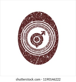 Red gender dysphoria icon inside distressed rubber grunge seal