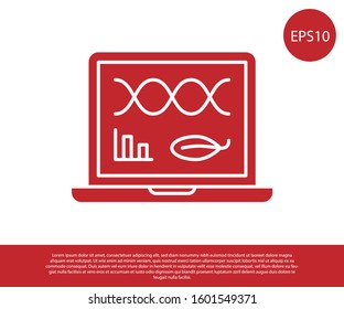 Red Genetic engineering modification on laptop icon isolated on white background. DNA analysis, genetics testing, cloning.  Vector Illustration