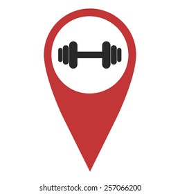 Red geo pin with dumbbell on white. Sport club signs, geolocation and navigation