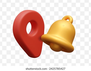 Red geo pin, gold bell. Isolated colored 3D illustration. Concept of local orientation
