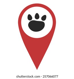 Red geo pin with paw on white. Zoo shop sign, geolocation and navigation