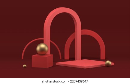 Red geometric 3d stage arena podium curved arch rectangle box golden sphere realistic vector illustration. Showcase pedestal design rendering platform minimalist foundation award product presentation