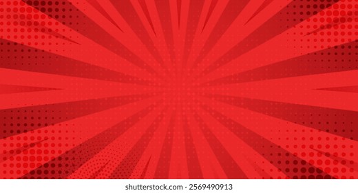 Red Geometric Abstract Background With Radial Design and Dotted Patterns. Red Comic Suitable for templates, sale banners, events. Vector Illustration