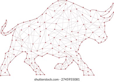 Red geometric bull network connection for finance tech, Abstract polygonal bull charging for stock market growth, Digital crypto bull icon with red mesh lines and dots, Futuristic taurus symbol for banking and data analytics