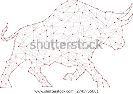 Red geometric bull network connection for finance tech, Abstract polygonal bull charging for stock market growth, Digital crypto bull icon with red mesh lines and dots, Futuristic taurus symbol for banking and data analytics