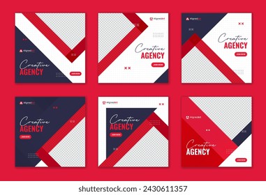 Red geometric corporate social media post template design. Online marketing business agency square layout.