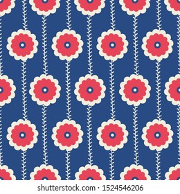 Red geometric cute circle flower with ivory stem seamless pattern with navy background