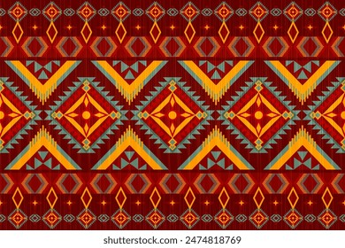 El patrón sin costuras étnico geométrico rojo es un estilo indio tradicional, tribal, nativo americano, diseño para el fondo, Fondo de pantalla, ilustración, tela, ropa, alfombra, textil, batik y bordado.