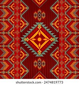 El patrón sin costuras étnico geométrico rojo es un estilo indio tradicional, tribal, nativo americano, diseño para el fondo, Fondo de pantalla, ilustración, tela, ropa, alfombra, textil, batik y bordado.