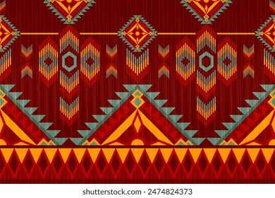 Red Geometric Ethnic seamless pattern is a traditional, Tribal, Native American Indian style, Design for background, wallpaper, illustration, fabric, clothing, carpet, textile, batik, and embroidery.