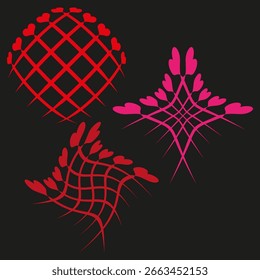 Red geometric figures set. Distorted wireframe shapes. Abstract Vector design. Modern dynamic elements. EPS 10.