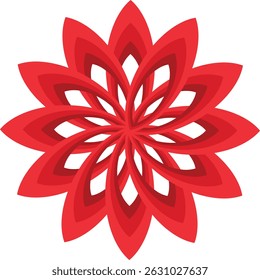 Red  geometric floral pattern with layered, petal-like shapes arranged in a symmetrical, starburst design.