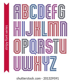 Red geometric font created from parallel straight lines. Narrow vector stylish capital letters, best for use in web design and posters print.