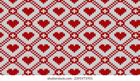 Red geometric and heart on white knitted pattern, Festive Sweater Design. Seamless Knitted Pattern