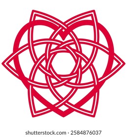 Сaptivating red geometric illustration resembling a stylized flower, intricately crafted with overlapping circles and symmetrical lines. The design exudes an essence of Celtic knotwork