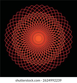 Red geometric pattern forming a radial mandala design on a black background