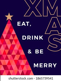Red geometric pine tree with words for chistmas greeting or invitation card.
