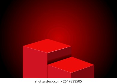 Red geometric podium product background, 3d red pedestal for product display or presentation, 2 blocks stage with spot light effect, vector illustration