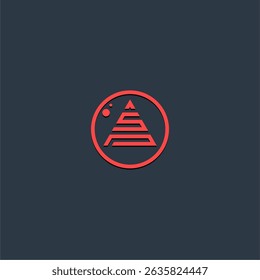 A red geometric pyramid is inside a circle with a smaller red dot near the top of the circle