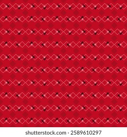Red geometric seamless pattern in horizontal row and includes alternating diamond shapes, interconnected lines in varying shades of red background. Retro Patten for fabric, wallpaper.Vector.