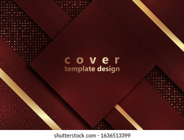 Red geometric shapes on a background of halftones from squares. Inclined stripes and small particles of gold color. Universal template for cover design, business card, flyer. Vector illustration
